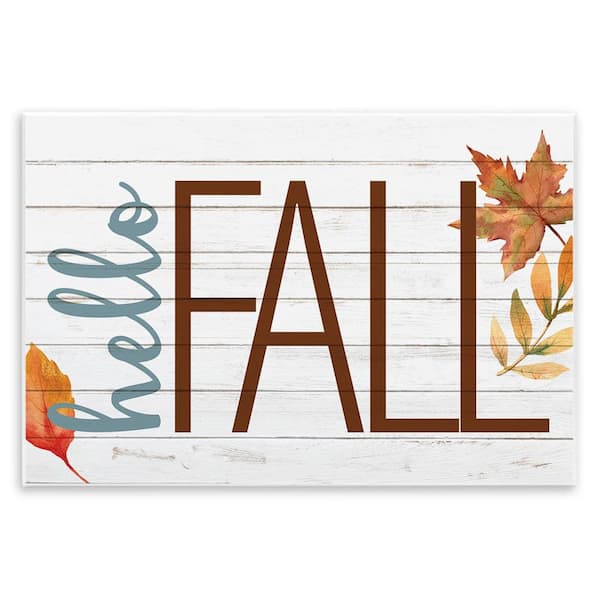 Stupell Industries Hello Fall Planked Look Autumn Foliage by Kim Allen Unframed Graphic Typography Art Print 19 in. x 13 in.