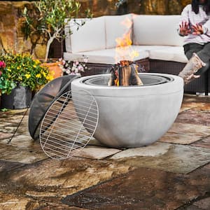 30 in. Outdoor Round Wood Burning Fire Pit with Decorative Faux Concrete Base, Gray