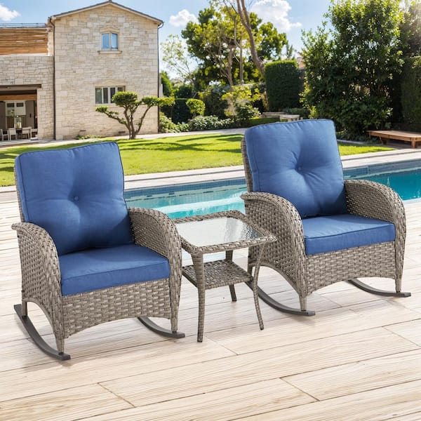 Pocassy 3-Piece Gray Wicker Patio Conversation Set with Blue Cushions and Coffee Table All-Weather Rocking Chairs