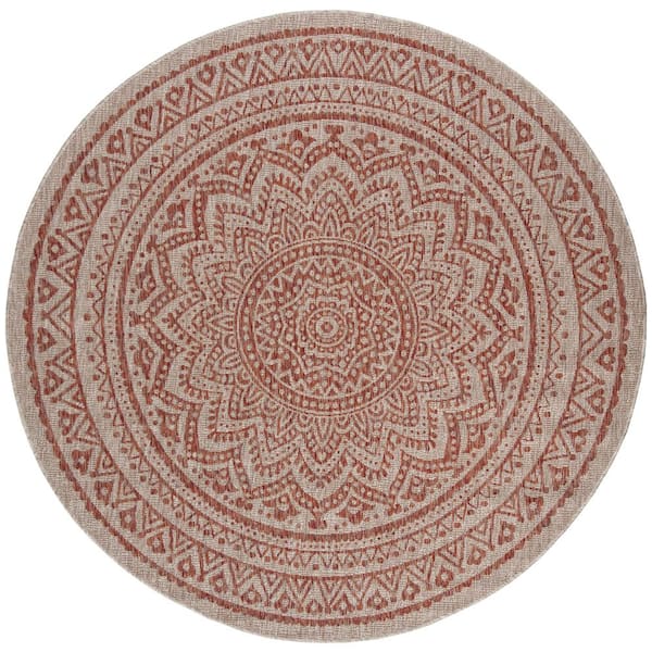 Courtyard Light Beige/Terracotta Doormat 3 ft. x 3 ft. Round Medallion Indoor/Outdoor Area Rug