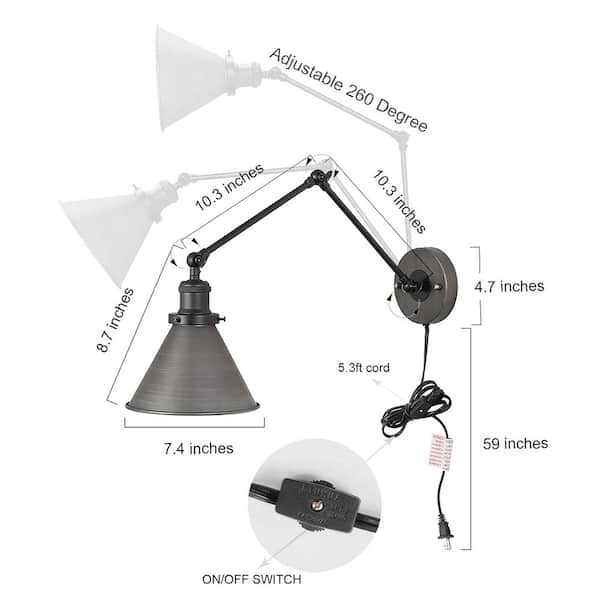 LNC 1-Light Black and Gray Plug-In or Hardwire Modern Industrial Adjustable Swing  Arms Wall Sconce with Bell Lampshade A03466 - The Home Depot