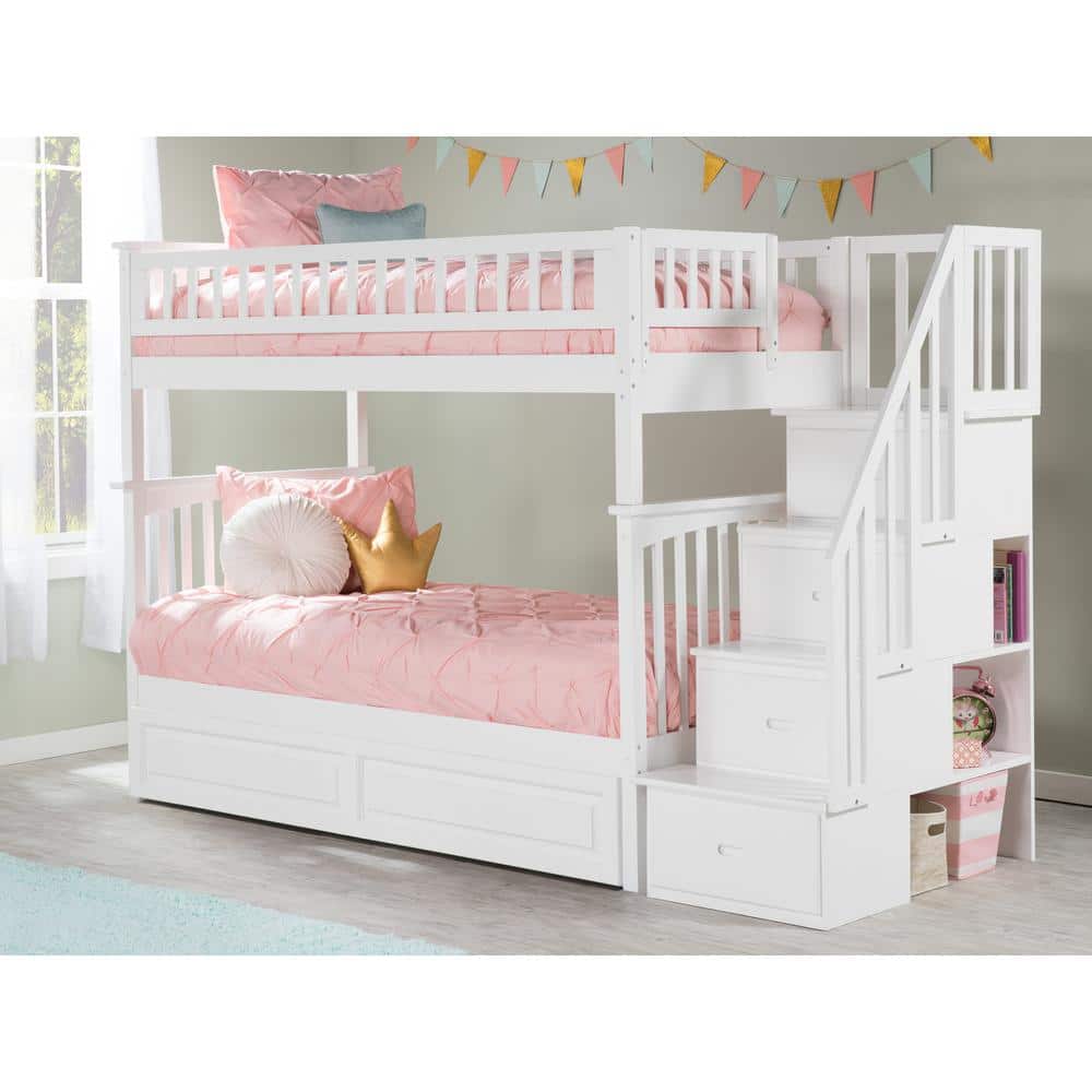 White Twin Over Twin Wood Bunk Bed with Trundle and Storage