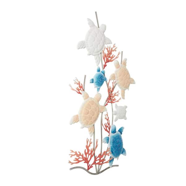 Litton Lane 19 in. x 32 in. Metal Multi Colored Swimming Turtle Wall Decor with Red Coral Accents