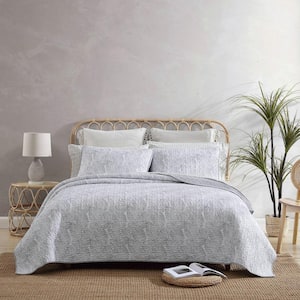 Distressed Water Leaves 3-Piece Gray Cotton Full/Queen Quilt Set