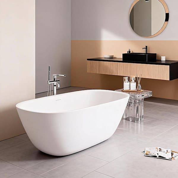 55 in. x 32 in. Stone Resin Solid Surface Freestanding Flatbottom Soaking Bathtub in Matte White