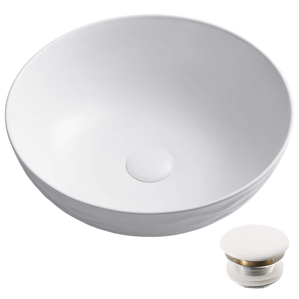 Modern Round Grey Ceramic Vessel Bathroom Sink, 16.5" with Pop-Up Drain