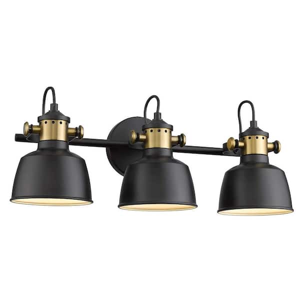 JAZAVA 22 in. 3 Light Brass Black Vanity Light with Metal Shade Mirror Sconces Wall Lighting for Bathroom