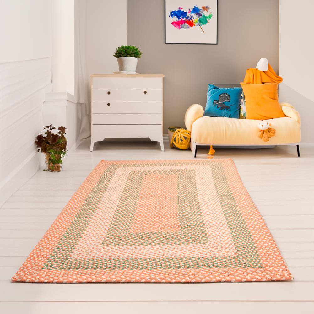 Handmade Coral and Green Cotton Braided Rectangle Rug