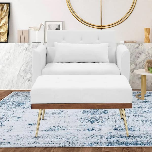 Seafuloy White Velvet Lounge Arm Chair with Ottoman