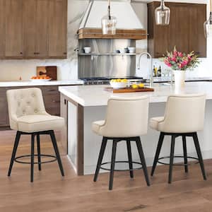 Roman 26.5 in. Line Fabric Upholstered Solid Wood Leg Counter Height Swivel Bar Stool With Back（Set of 3）