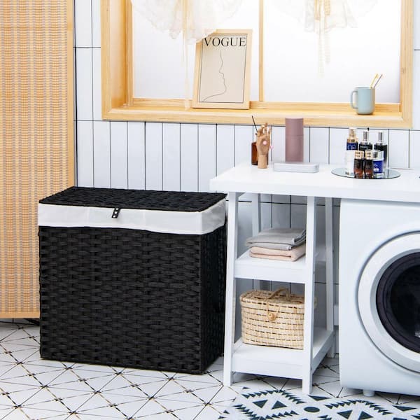 Black 13 in. x 26 in. PU Leather Decorative Basket Laundry Hamper Set of 1 with Wheels and Lid