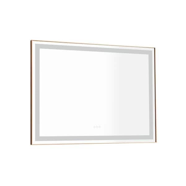 FORCLOVER 48 in. W x 36 in. H Rectangular Aluminum Framed Anti-Fog Dimmable Wall Mounted LED Bathroom Vanity Mirror in Gold