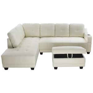 Shelly 90 in. Slope Arm 3-Piece Faux Leather L-Shaped Sectional Sofa in Off-White