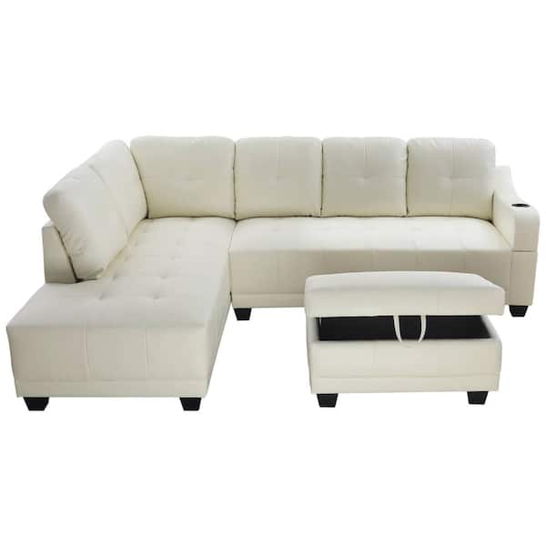 Sy 3 Piece Off White Faux Leather, Pleather Sectional Sofa
