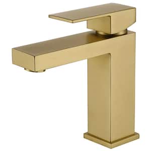 Single Handle Single Hole Bathroom Faucet with Water Supply Lines in Brushed Gold - Short