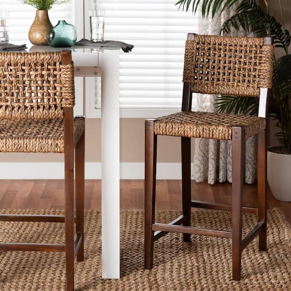 Alise Natural Brown Seagrass and Mahogany Wood Bar Stool