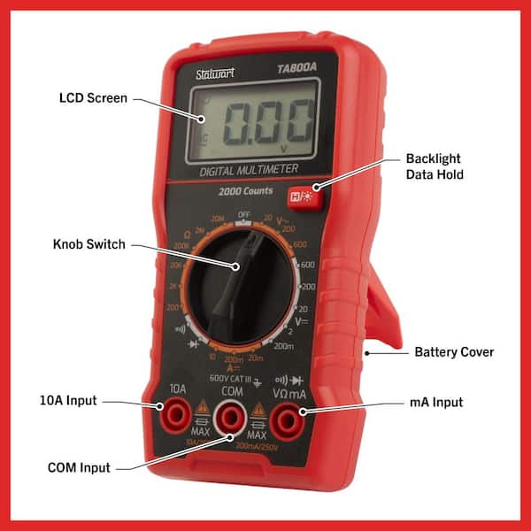 Digital Volt Meter with Backlit Display and Needle Probes for AC/DC Voltage, DC Current, and Wire Continuity (Red)