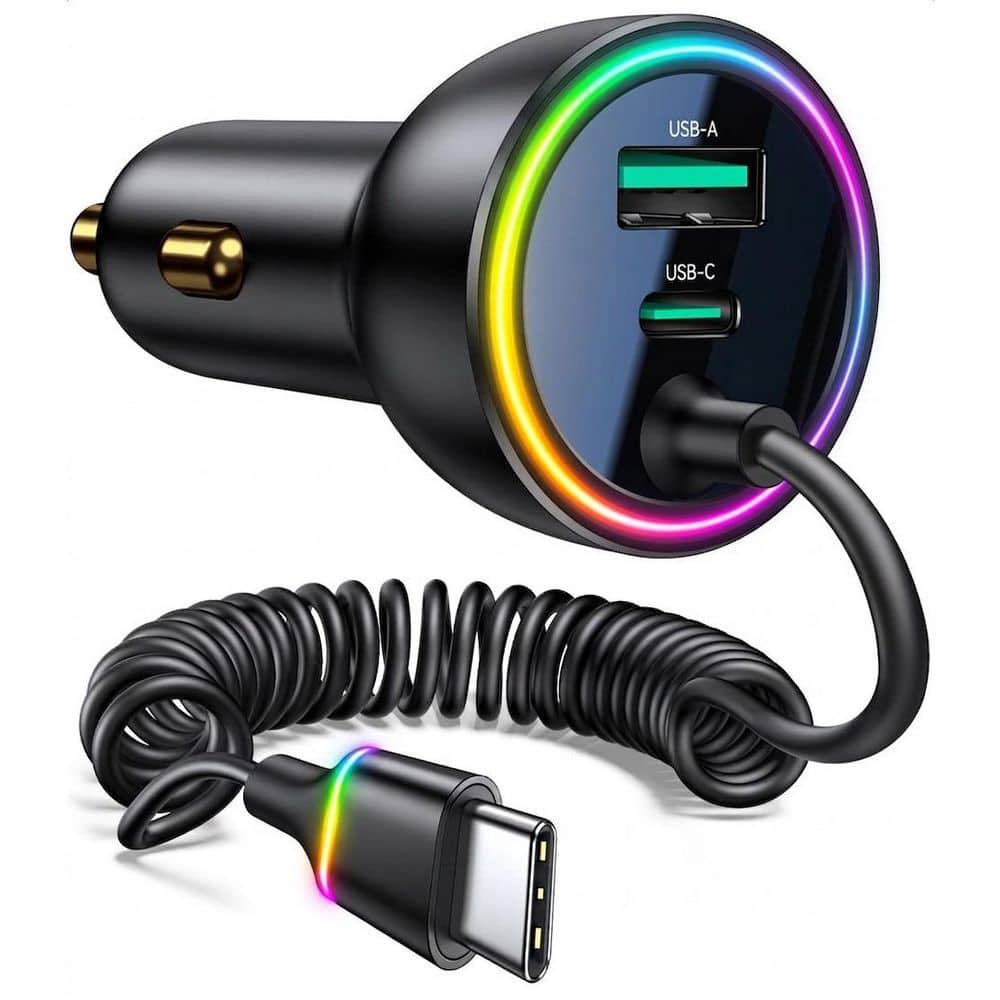 70W Car Charger USB C Fast Charging Adapter with Built-in 5.2FT Coiled Type-C Cable in Black for iPhone, 1 Pack price history on PriceWatchPro