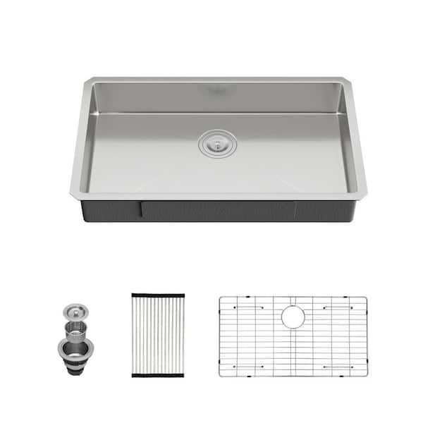 30 in. Undermount ADA Sink Single Bowl 16 Gauge Brushed Stainless Steel Kitchen Sink with Bottom Grid