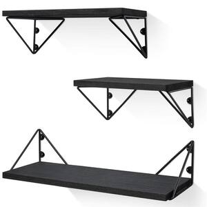 7 in. x 17 in. x 4 in. Black Wood Decorative Wall Shelves with Brackets (3-Piece)