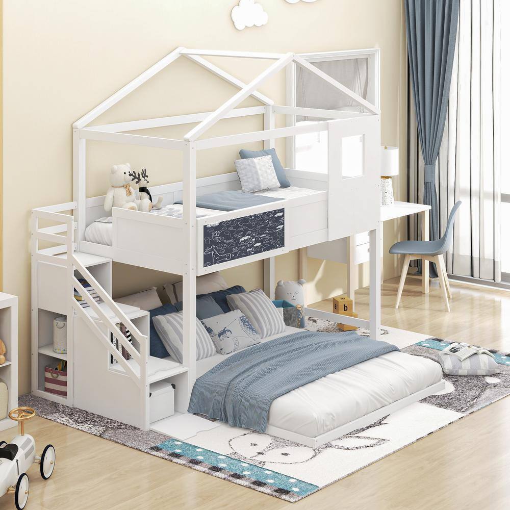 Qualler White Twin over Full House Bunk Bed with Storage Staircase and ...