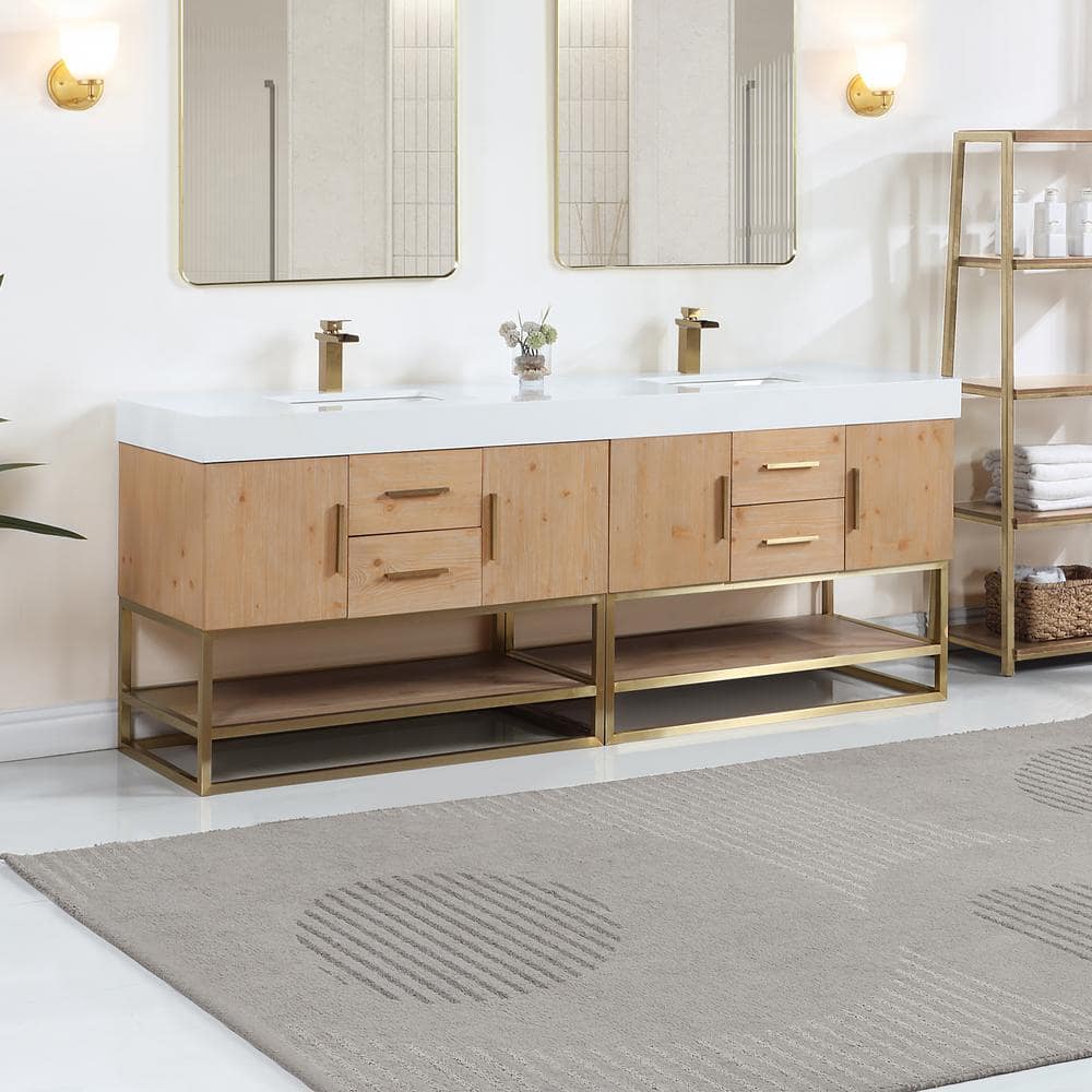 Bianco 84" Light Brown Wood Vanity with Composite Stone Top