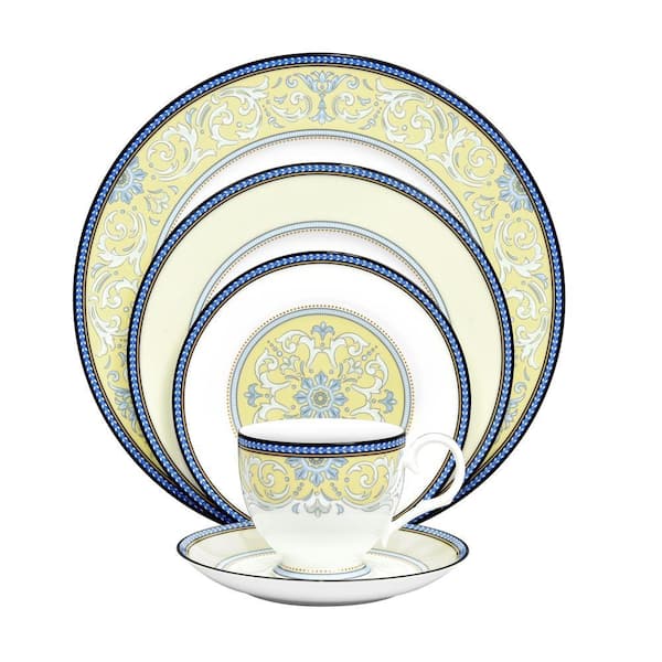 Menorca Palace 5-Piece (Blue/Yellow) Bone China Dinnerware Set, Service for 1