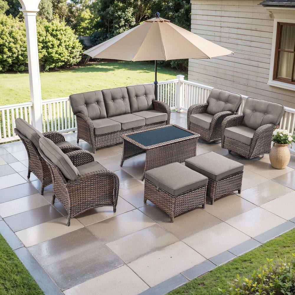 Brynn Brown 8-Piece Wicker Patio Conversation Set with Swivel Rockers, Outdoor Sofa Seating Set with Gray Cushions price history on PriceWatchPro