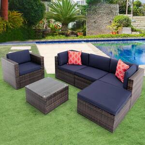 6-Pieces Rattan Wicker Outdoor Sectional Cushioned Sofa Sets with 2 Pillows and Coffee Table Navy Blue Cushion