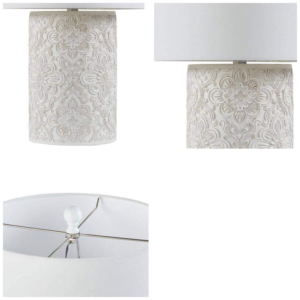 Ivory Floral Embossed Resin Cylinder Table Lamp with 3-Way Switch