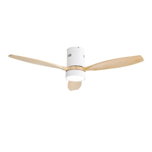 LINJO 52 In. Indoor White 3 Solid Wood Blades Integrated LED Ceiling Fan with Remote Control and Reversible DC Motor