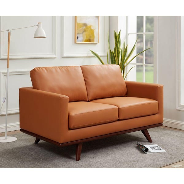 Chester 58 in. Wide Leather Loveseat Sofa with Removable Cushions 2-Seater Chair with Birch Wood Legs in Cognac Tan