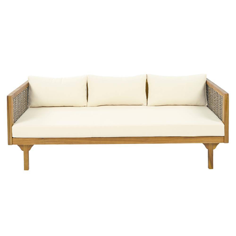 Acacia Wood Outdoor Day Bed, 3-Seater Daybed with Rattan Armrests and Beige
