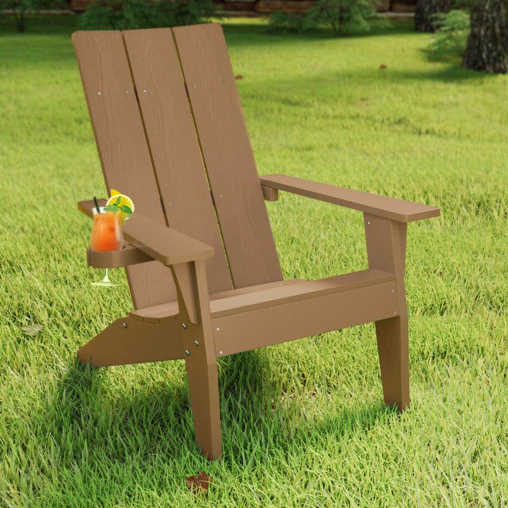 Teak Brown Plastic Adirondack Chairs with Cup Holder, Set of 4