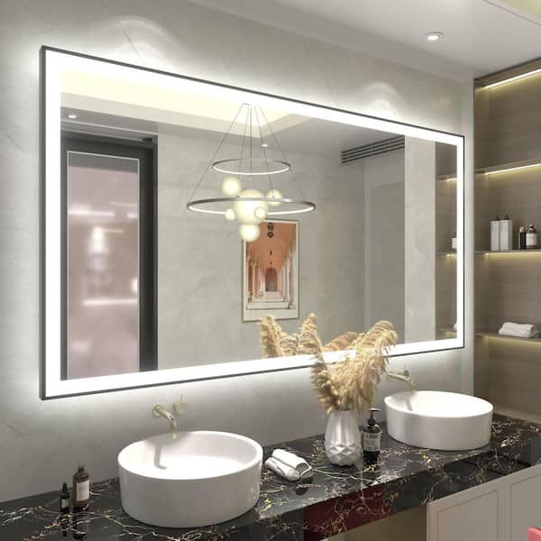 66 in.W x 36 in.H Rectangular Framed UL Certified Front and Back LED Anti-Fog Tempered Glass Wall Bathroom Vanity Mirror