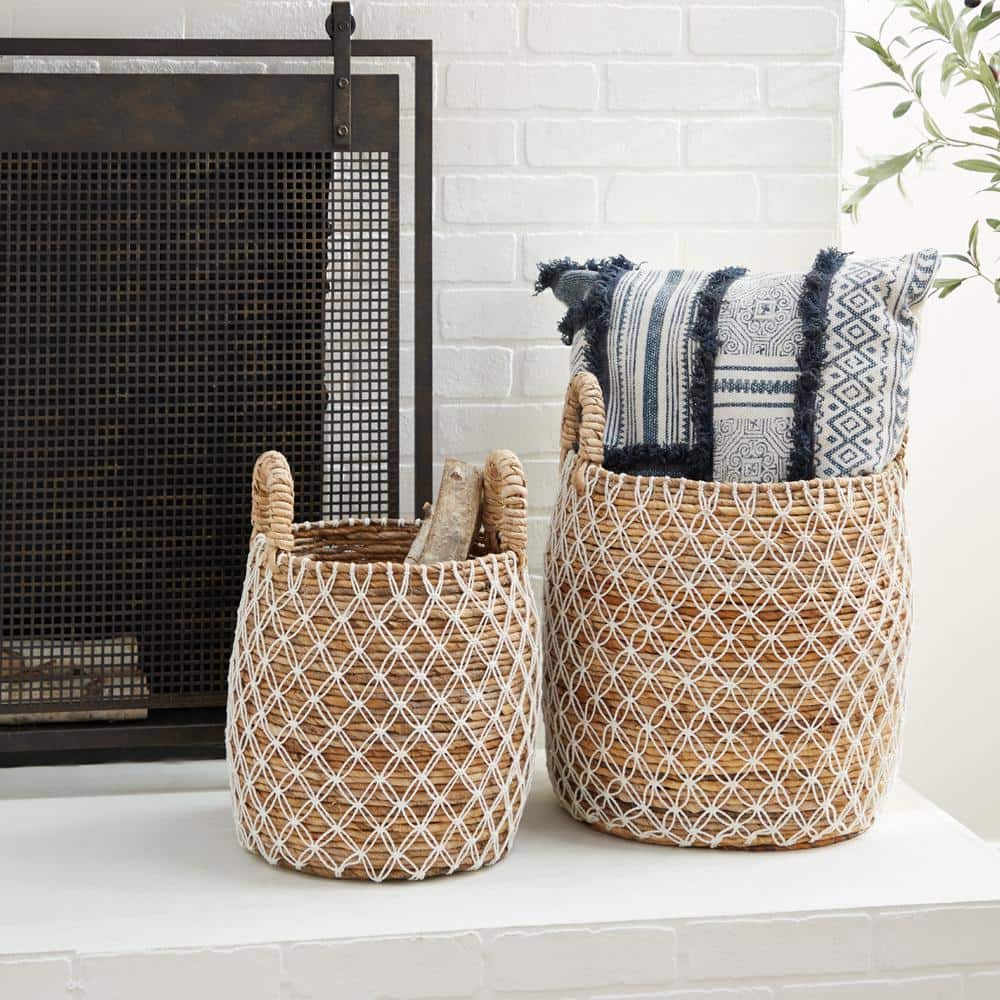 Handmade Brown and White Banana Leaf Round Storage Baskets, Set of 2