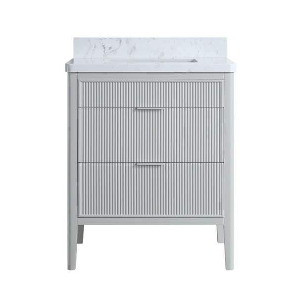 30 in. Single Sink Solid Wood Grey Bath Vanity with White Cultured Marble Top, 2 Handle Sets, Fully Assembled