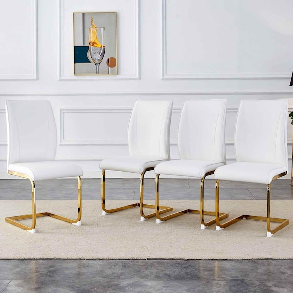 White/Gold PU Leather Metal Frame Dining Chairs Set of 4