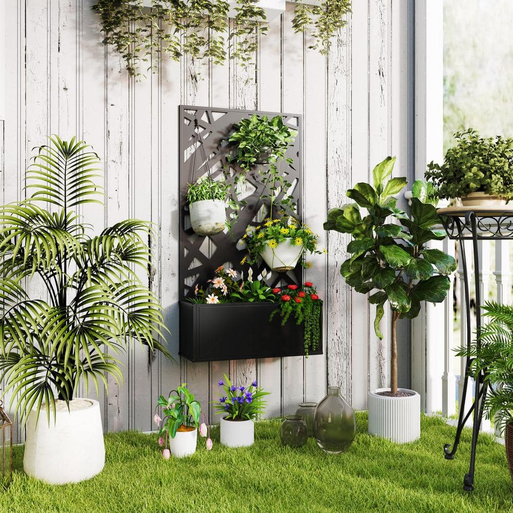 Black Metal Raised Garden Bed with Decorative Trellis Screen