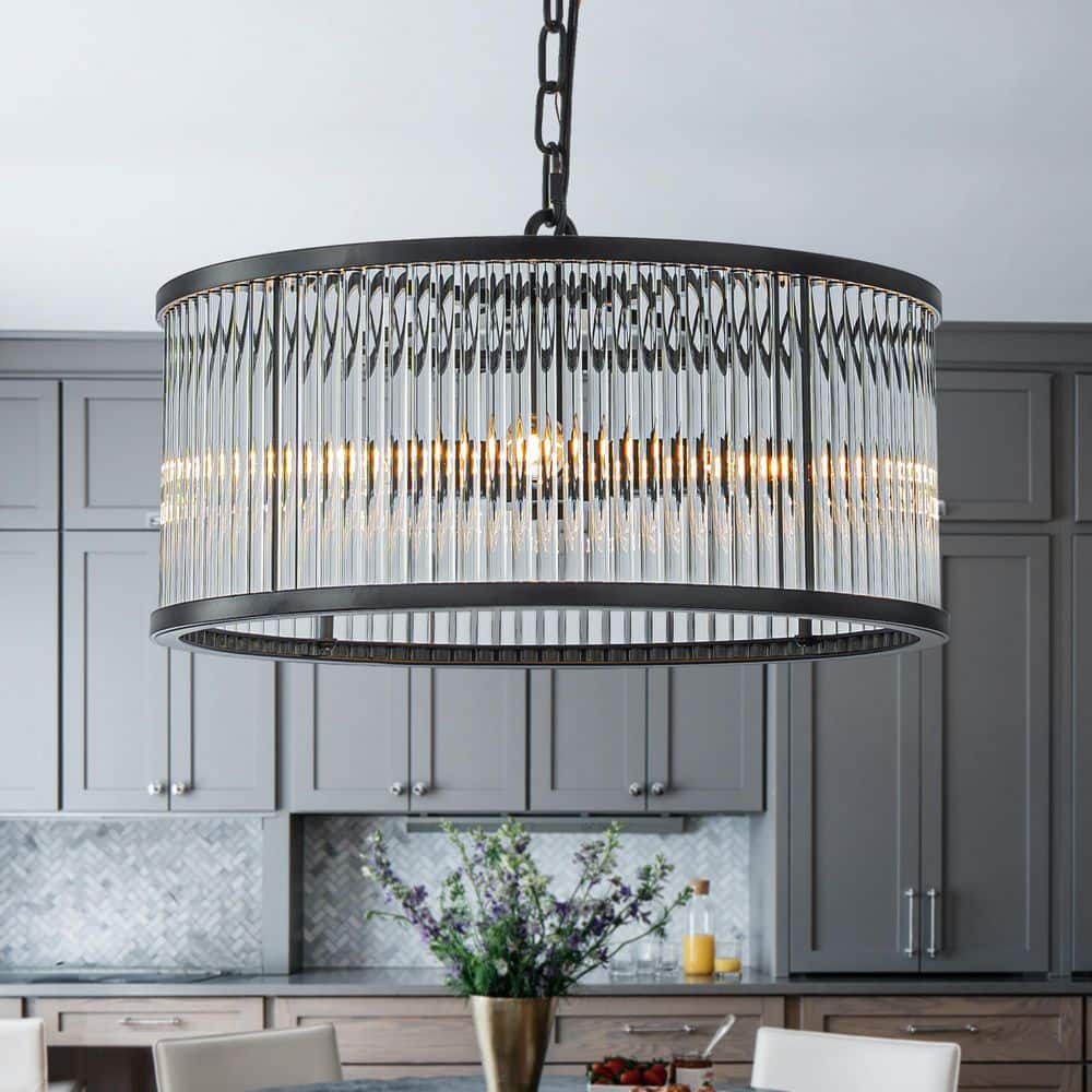 16in. W 4-Light Modern Glam Glass Drum Chandelier in Matte Black Contempora