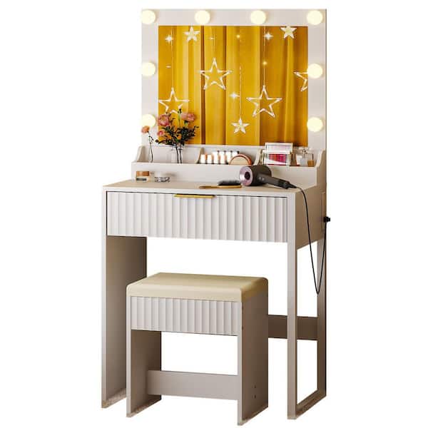 2-Piece White Makeup Vanity Set with 8 Three-color Dimmable Bulbs, 1-Drawer and 3 Compartments