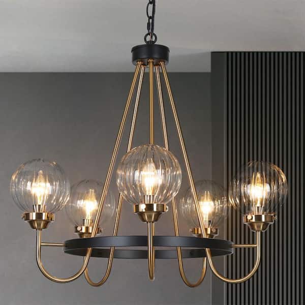 5-Light Brass Chandelier Lighting, Sputnik Pendant Lights for Kitchen Island, Modern Black Chandelier with Round Glasses