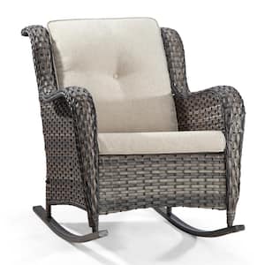 Brown Wicker Outdoor Rocking Chair with Beige Cushion