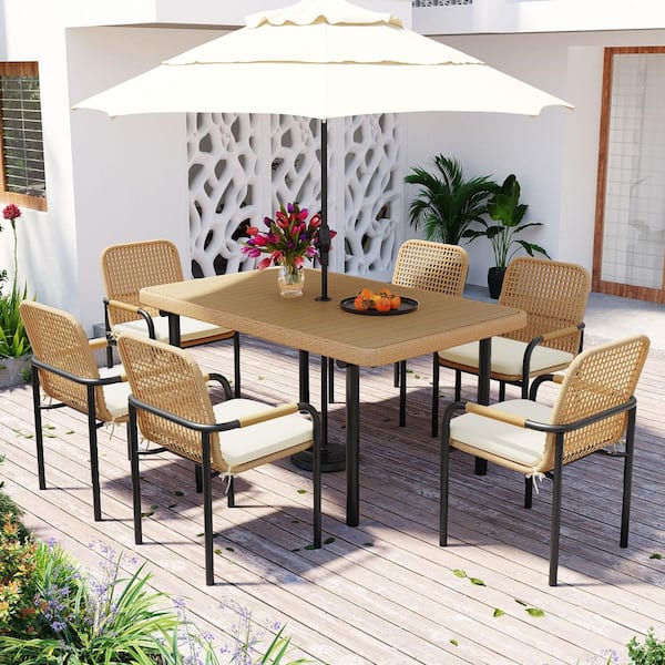 Black 7-Piece Wicker Iron Outdoor Dining Set with Beige Cushion / 59 in. L Rectangle Table