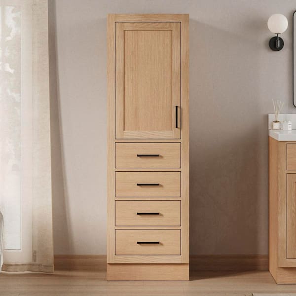 ARIEL Hepburn 20 in. W x 16 in. D x 65 in. H Brown Freestanding Bath Linen Cabinet with Doors and Adjustable Shelves in Oak