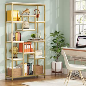 71. White and Gold 11 Shelf Geometric Etagere Bookcase, Enny 35 in. Wide. Tall Bookshelf with Metal Frame