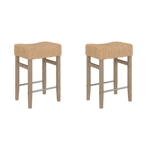 Harvey 25 in. Seagrass/Brushed Gray Backless Solid Wood Bar Stool with Foam Padded Seat, Set of 2