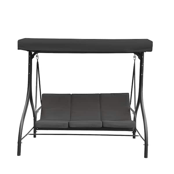 Black 3-Person Metal Outdoor Patio Swing Chair Yard Lounge Chair with Adjustable Canopy and Removable Cushions