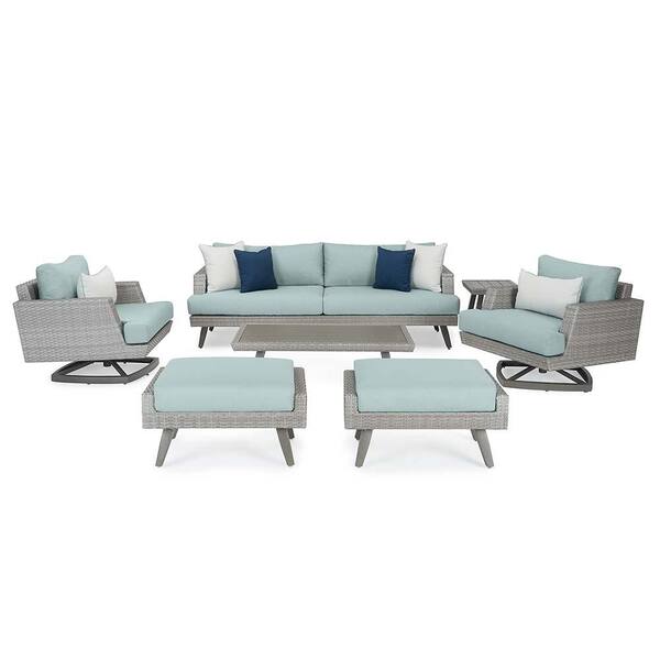 RST BRANDS Portofino Casual Gray 7-Piece Aluminum Patio Conversation Motion Seating Set with Sunbrella Spa Blue Cushions