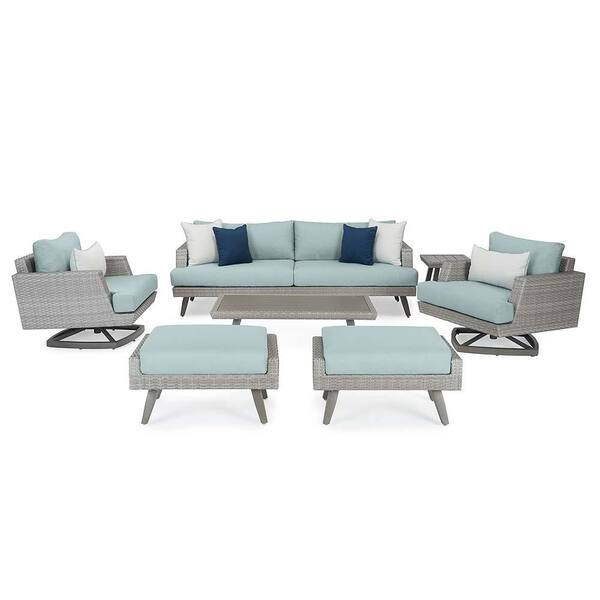 RST BRANDS Portofino Casual Gray 7-Piece Aluminum Patio Conversation Motion Seating Set with Sunbrella Spa Blue Cushions